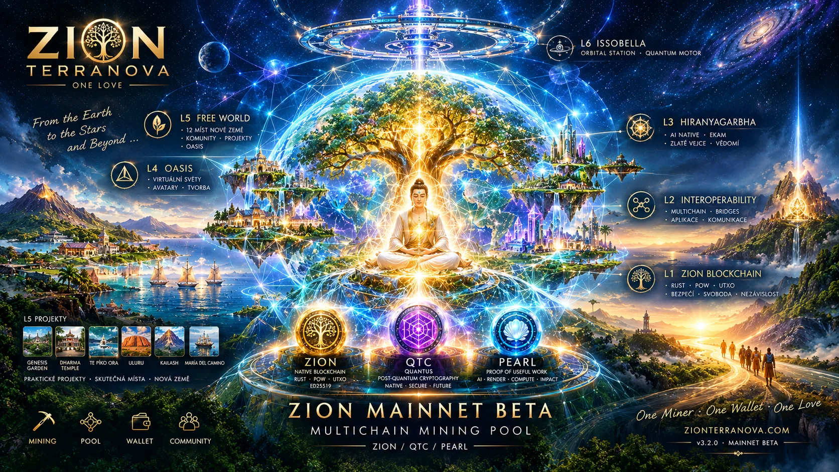 ZION Mainnet Beta — ekosystém L1–L6, Maitreya a multichain pool ZION / QTC / PEARL